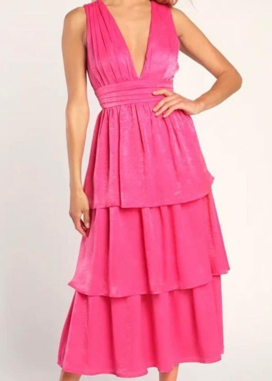 NWT LULUS PEAK PARTY VIBE HOT PINK SATIN TIERED TIE BACK MIDI DRESS XS